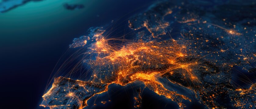 A night view of Europe, illuminated by city lights and transport connections
