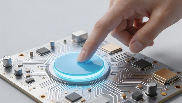 Hand pressing button on circuit board