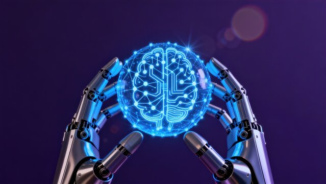 Robot hands holding glowing brain