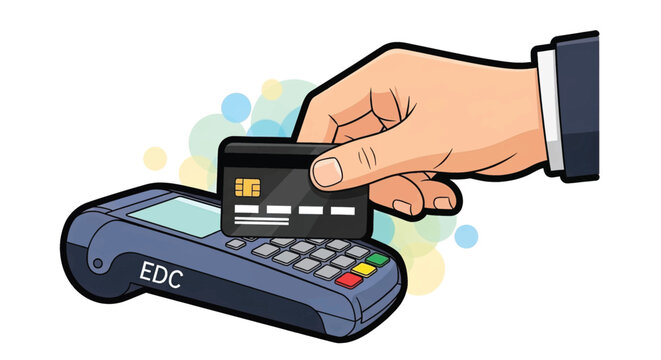 Hand holding credit card near payment terminal.