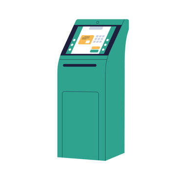 Self-service payment kiosk with screen, interactive display. Cash terminal stand, automated teller machine. ATM, banking financial technology. Flat vector illustration isolated on white background