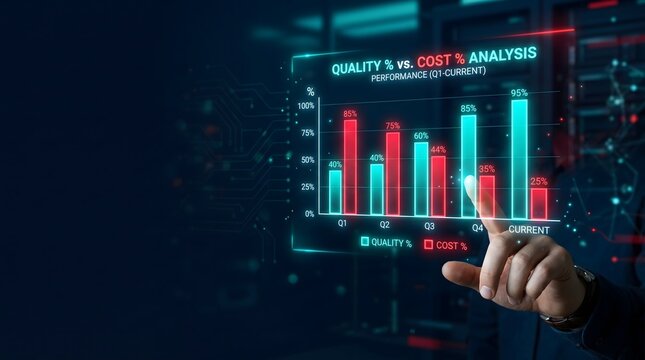 Hand touching glowing bar chart of quality vs cost analysis