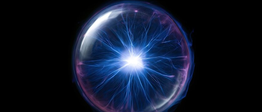 Glowing plasma orb with electric blue tendrils on black