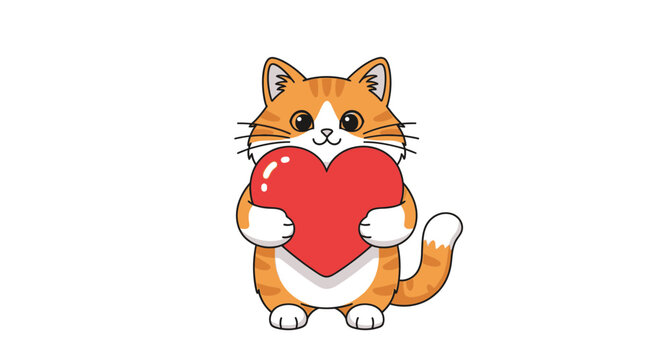Cute Cartoon Ginger Cat Holding a Red Heart