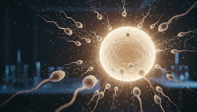 Sperm cells swimming towards a glowing ovum in a microscopic, scientific laboratory scene with bokeh background, symbolizing fertilization, conception, reproduction, and new life beginnings.