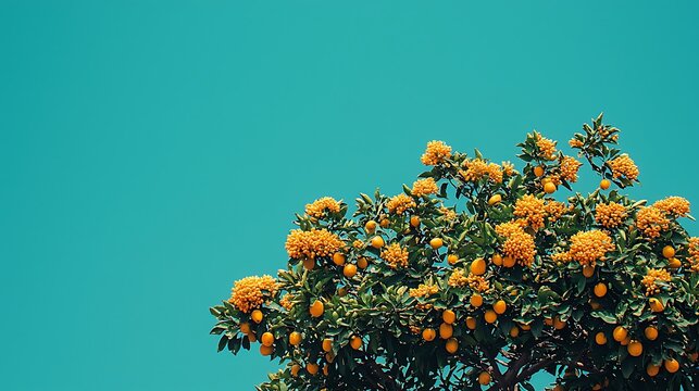 Lush Loquat Tree Against Clear Turquoise Sky  Tropical Fruit Background.