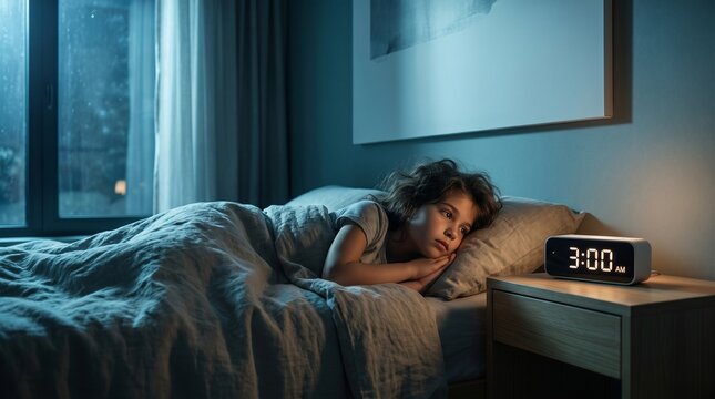 A person struggling with insomnia, lying awake in bed at 3 AM, unable to sleep.