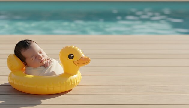 Newborn baby sleeping in a yellow inflatable duck pool ring on a sunny deck for a summer baby birth concept and vacation lifestyle theme