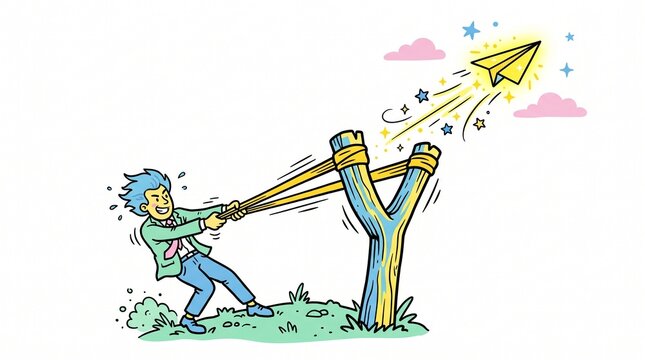 Funny doodle illustration of a business character using a giant slingshot to launch a paper airplane, startup concept.
