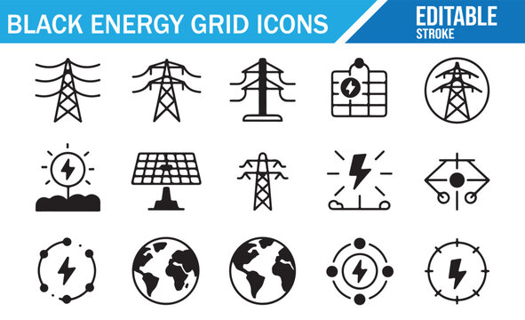 Power grid black editable stroke icon set with electric towers solar panels wind turbines batteries lightning globe and energy network line symbols