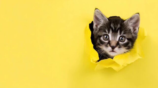 Cute kitten peeking through torn yellow paper, playful feline isolated on bright background