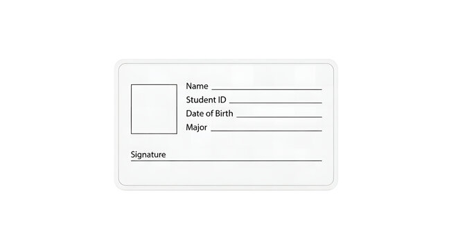 A close-up photo of a blank student ID card on a white background with space for name, student ID, date of birth, major, and signature.