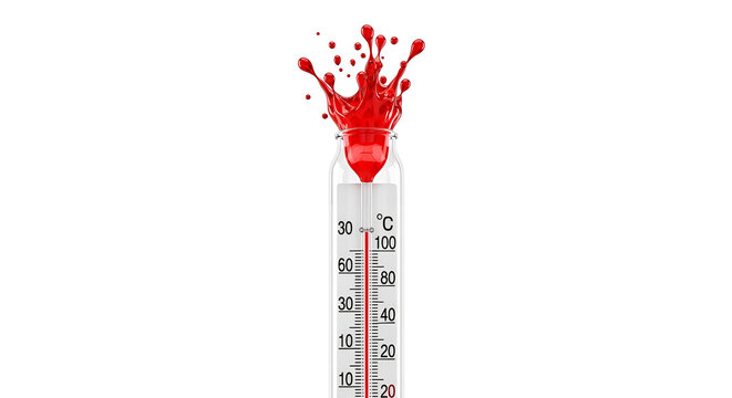A thermometer with red liquid splashing out on a white background shows temperature