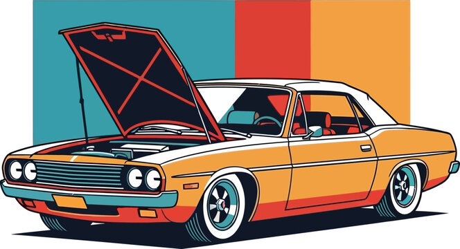 Orange Muscle Car Open Hood Retro Vector
