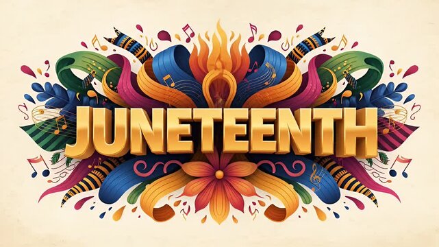 Juneteenth celebration typography with colorful abstract ribbons and musical symbols