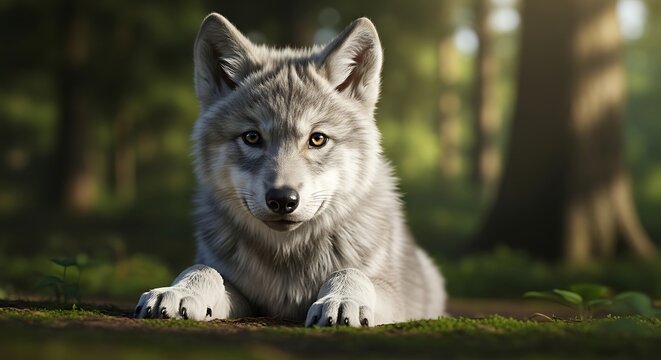 Gray wolf cub in forest habitat.