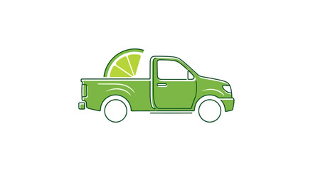 Fototapeta premium Green pickup truck carrying a lime slice, representing delivery or fresh transport.
