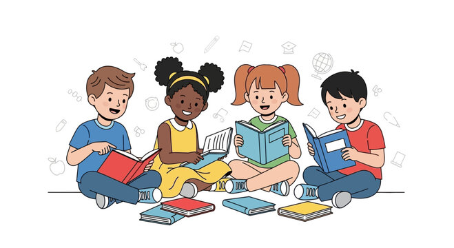 Group of diverse children reading books together