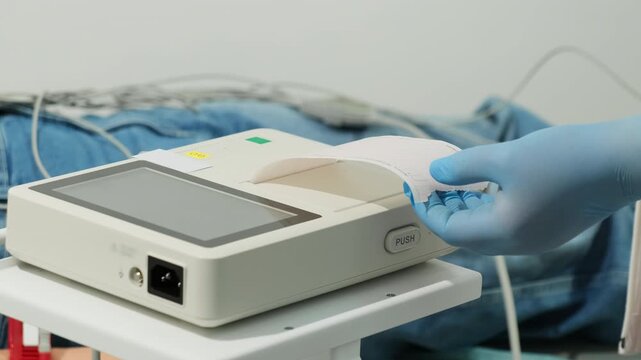 Medical worker pulls printed paper from device during diagnostic procedure. Specialist guides strip out of machine continuing recording process