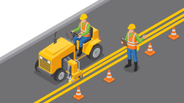 Isometric illustration of road workers operating a yellow roller and directing traffic on a gray asphalt road with orange cones.