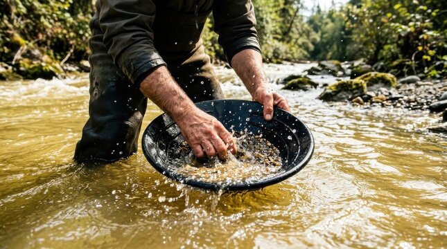 Professional Gold Panner Filtering Sediments in a Shallow Forest River, Authentic Prospecting Adventure and Mineral Mining Concept, Website Banner, Hero Header, Wide Background