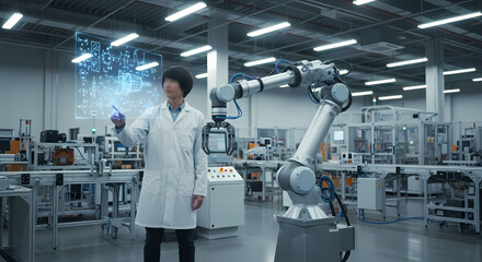 Fototapeta premium Engineer operating robotic arm in futuristic industrial facility