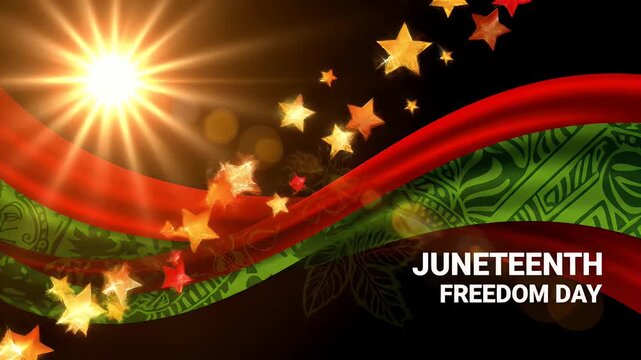 Juneteenth freedom day celebration background with glowing stars and waving ribbons.