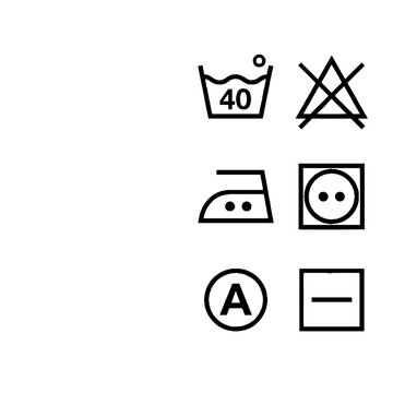Washing care symbols on clothing labels.