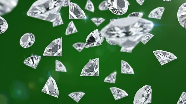 Shining diamonds falling against a vibrant green background, luxury gems glitter and sparkle with elegance