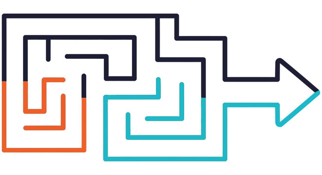 A simple line maze illustration with colored paths and an exit arrow