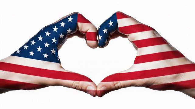 American flag heart hands forming a shape for happy flag day over a white background