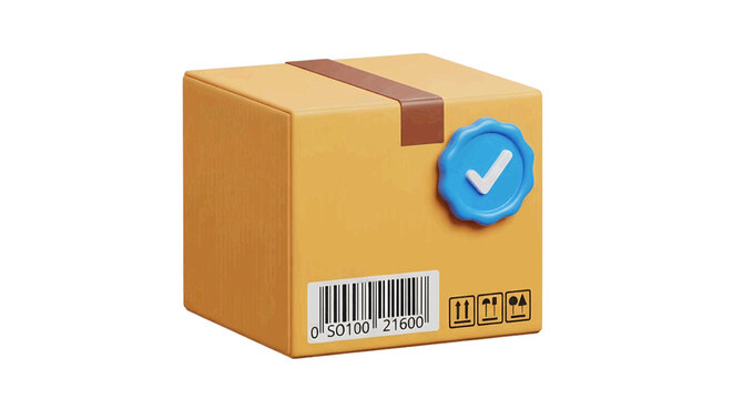 Vector illustration of 3d illustration of a cardboard delivery box with a verified checkmark icon on a transparent background