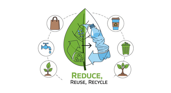 Reduce Reuse Recycle Ecological Concept with Leaf and Plastic Bottle