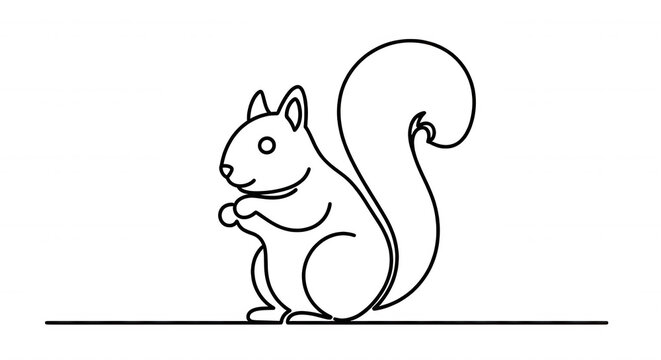 A continuous single line of a squirrel sitting upright with a bushy tail, white outline on a solid black background