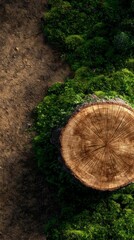 Fototapeta premium A grand tree stump stands proudly on the forest floor, surrounded by lush green moss. Soft sunlight filters through nearby trees, creating a serene and peaceful atmosphere in the woods