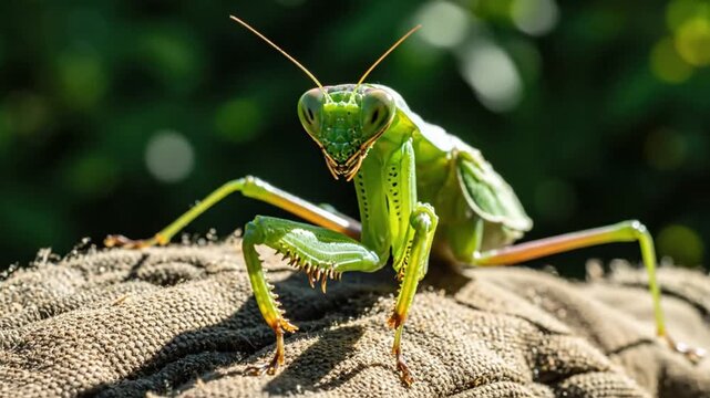 Close up view of green praying mantis perched on brown cloth with green background