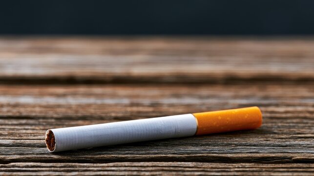 Close-up of a single cigarette resting on weathered wooden planks