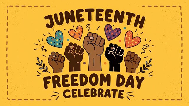 Juneteenth freedom day celebration with raised fists and hearts on yellow background