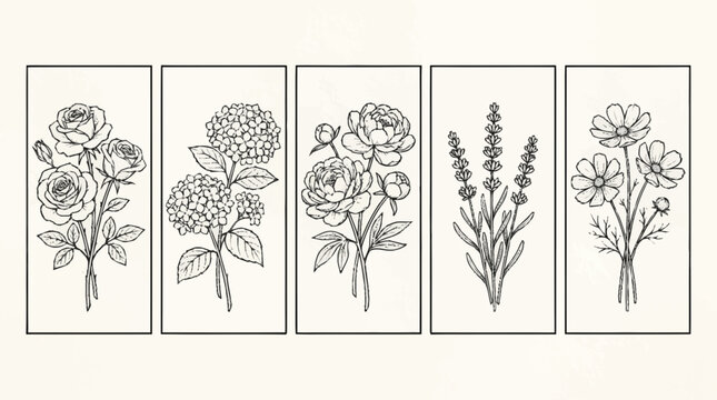 Set of hand drawn flowers, botanical illustration of roses and lavender
