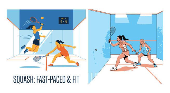 Two women playing squash game in a court with rackets and ball