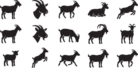 Obraz premium Collection of black goat silhouettes in various poses on a white background.