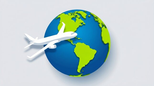3D illustration of a white airplane flying around a blue and green globe on a gray background