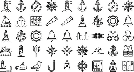 Nautical Marine Line Icon Set With Lighthouse, Anchor, Compass, Sailboat, Ship Wheel, and Ocean Symbols © MDSALIM