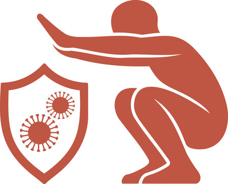 Man in crouching position with outstretched arm and shield against virus germs