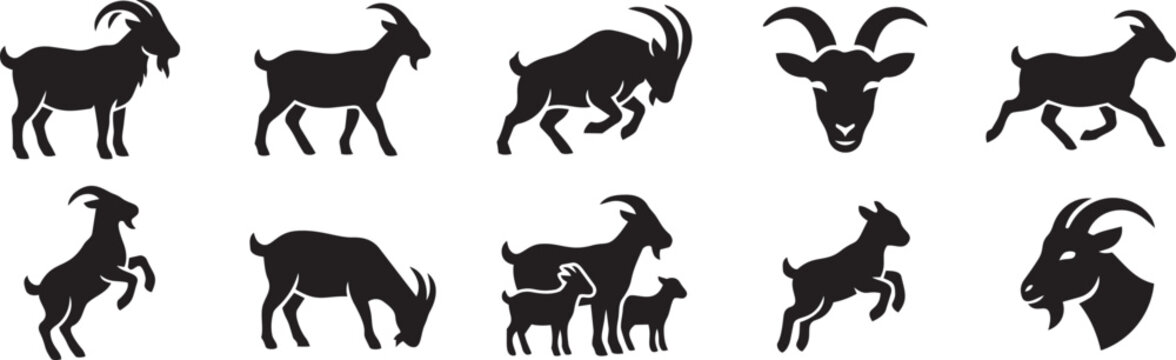 Collection of black goat silhouettes, farm animals, capra aegagrus hircus, in various poses including a mother and kid, vector art.