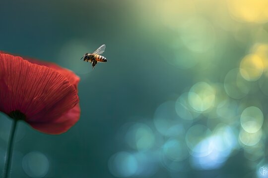 A bee flies towards a red poppy flower in soft, dreamy light with bokeh