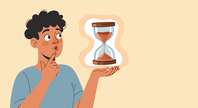 Thoughtful person observing an hourglass, a conceptual vector illustration depicting the passage of time, deadlines, and effective time management strategies