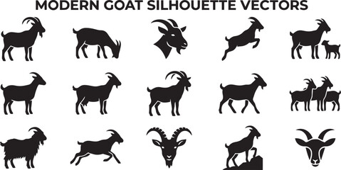 Fototapeta premium Modern goat silhouette vectors depicting various livestock breeds and family groups for farm and agriculture design projects.