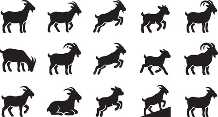Obraz premium Set of black goat silhouettes showing different actions like jumping climbing and grazing for livestock business graphics.