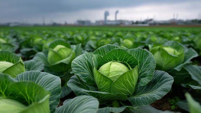 Cabbage field green crop leafy plant farm agriculture scene fresh vegetable closeup under cloudy sky rural landscape outdoor view with crop rows and countryside garden